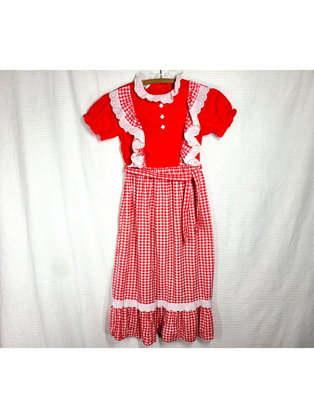 Vintage Kids Dress 7 M Red Gingham Girl Child Rayon Cotton Lace Eyelet Ruffle